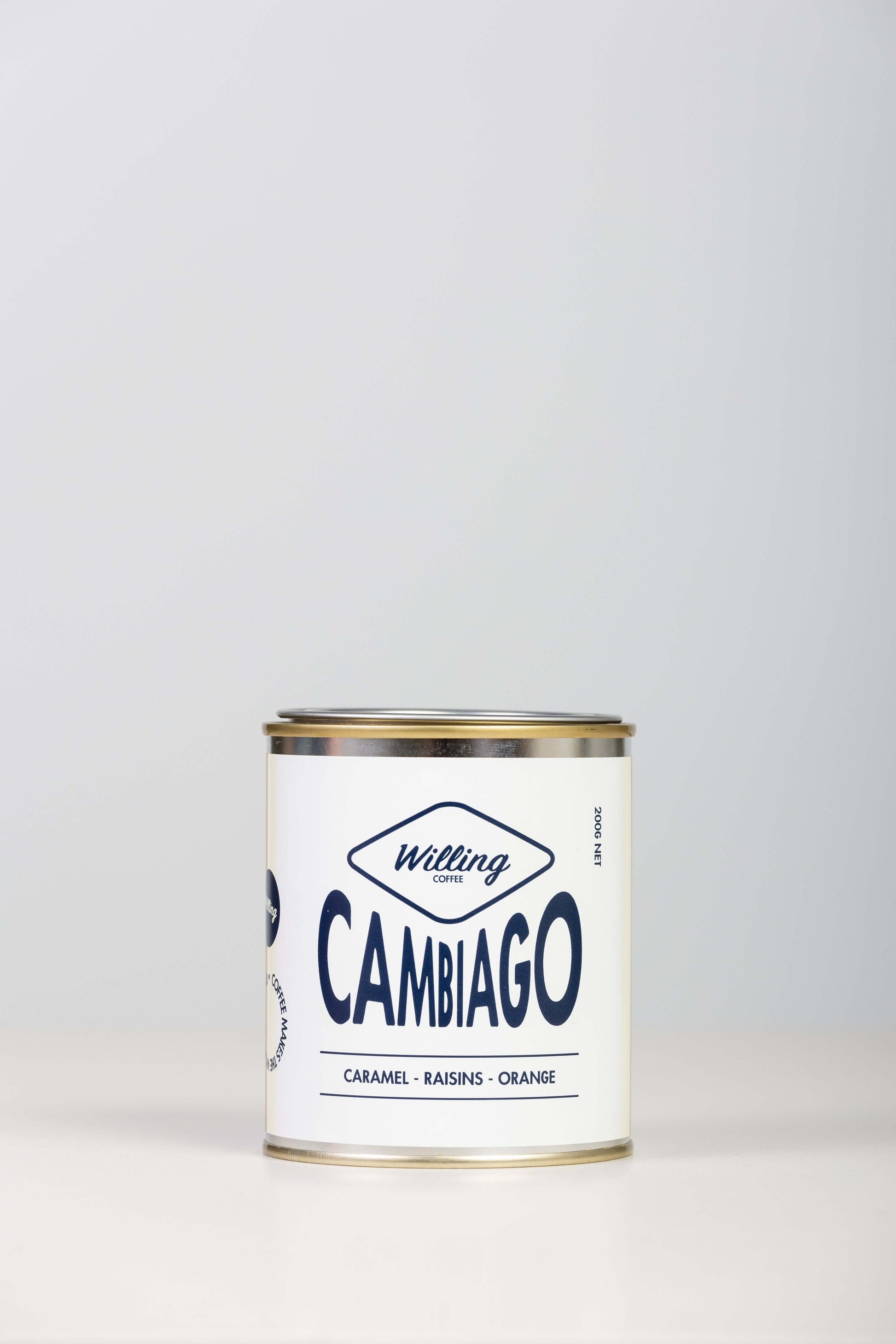 Willing Coffee Signature Blend - 200g Tin with enticing notes of caramel, raisin, and orange. Savor the perfect brew!