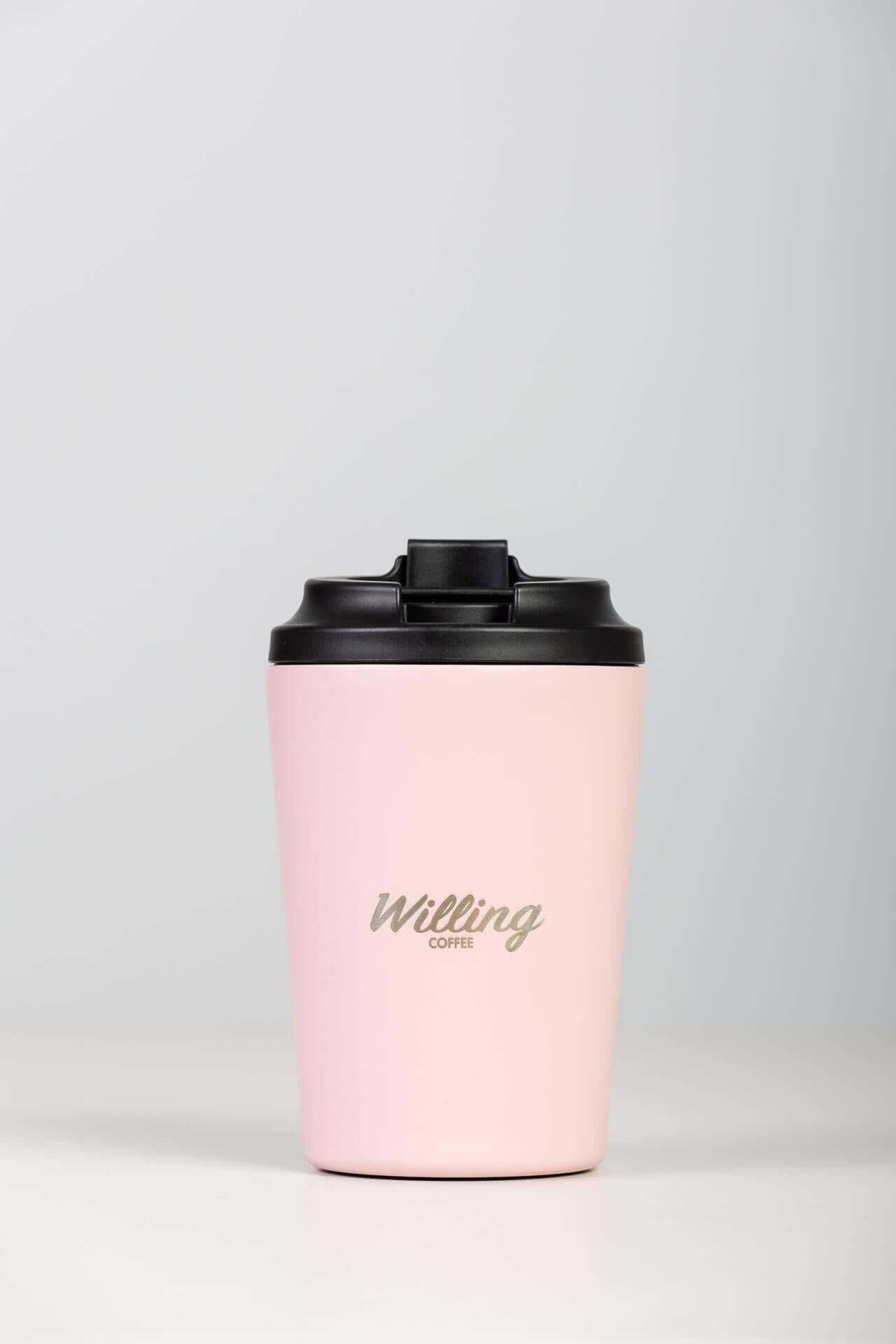 12oz Pink Willing Coffee Keep Cup - Sustainable, spill-proof lid, textured exterior for a secure grip. Great for hot/cold drinks on the go!