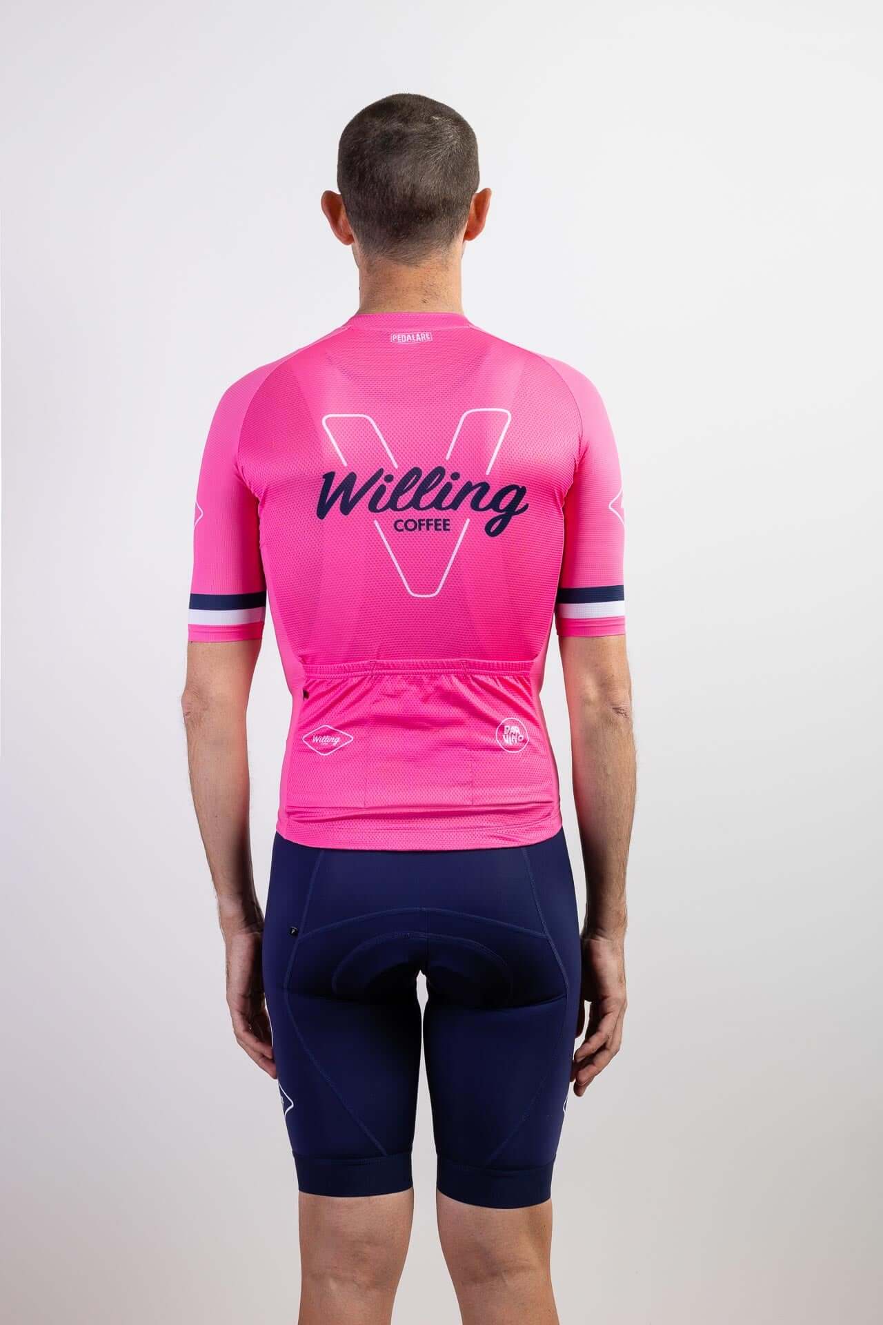 Men's Willing Coffee 5th Anniversary Pink Cycling Jersey - Celebrate in style with this high-performance fabric jersey. Stay comfortable and stylish on every ride!