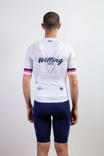 Men's Willing Coffee 5th Anniversary White Cycling Jersey - Embrace the celebration in this high-performance fabric jersey. Stay comfortable and stylish on every ride!