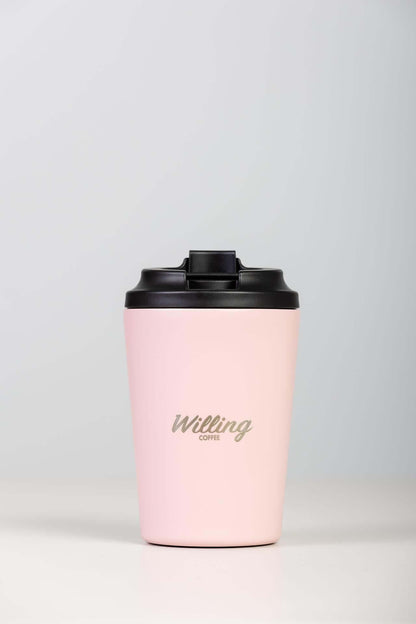 12oz Pink Willing Coffee Keep Cup - Sustainable, spill-proof lid, textured exterior for a secure grip. Great for hot/cold drinks on the go!
