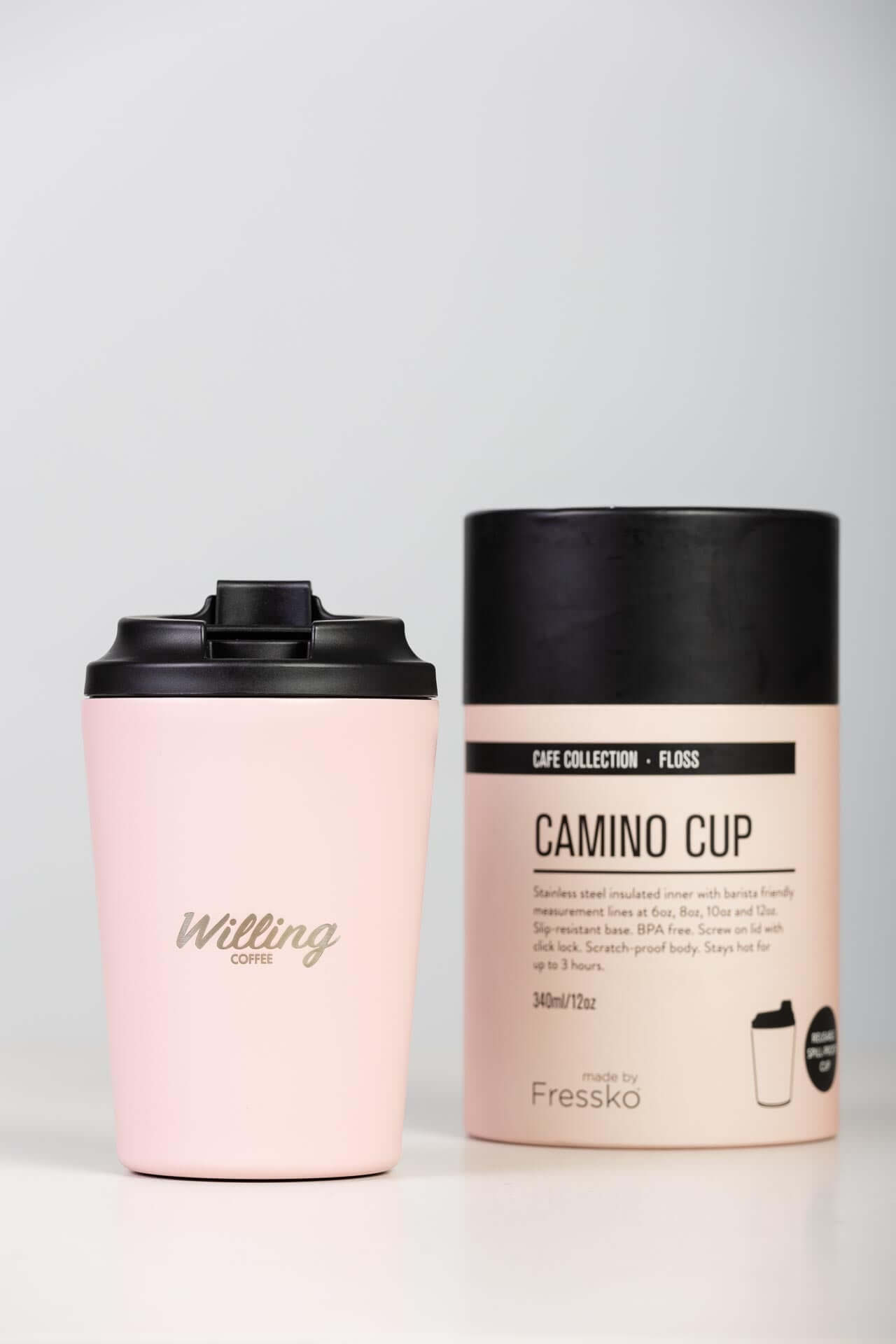 12oz Pink Willing Coffee Keep Cup - Sustainable, spill-proof lid, textured exterior for a secure grip. Great for hot/cold drinks on the go! Includes storage tube.