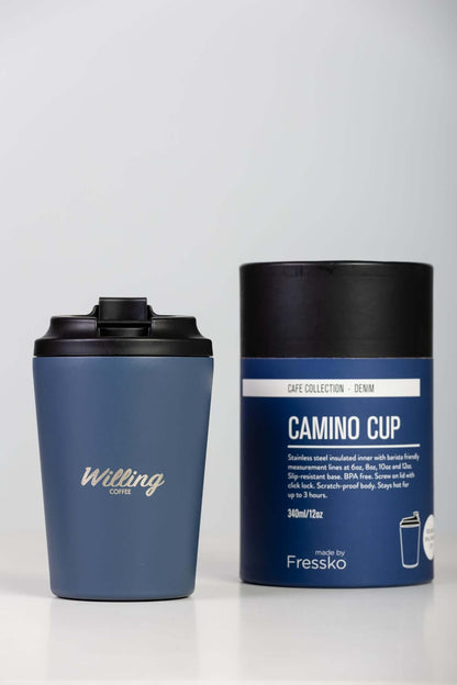 Stylish 12oz Willing Coffee Keep Cup in Navy - Eco-friendly, spill-proof lid, texture grip exterior and storage tube. Perfect for hot/cold drinks on the go!