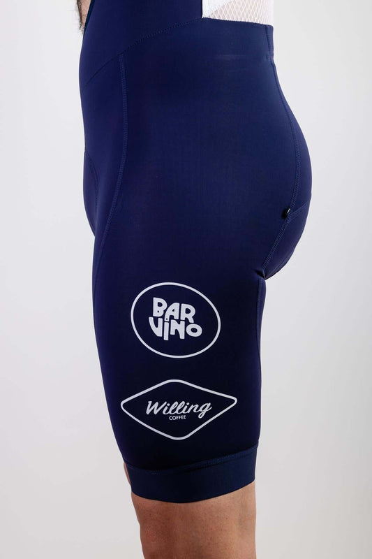 Men's Cycling Anniversary Bib Shorts - Crafted with high-performance fabric, adorned with the exclusive Willing Coffee x Bar Vino logo design. Celebrate with style on your bike rides!