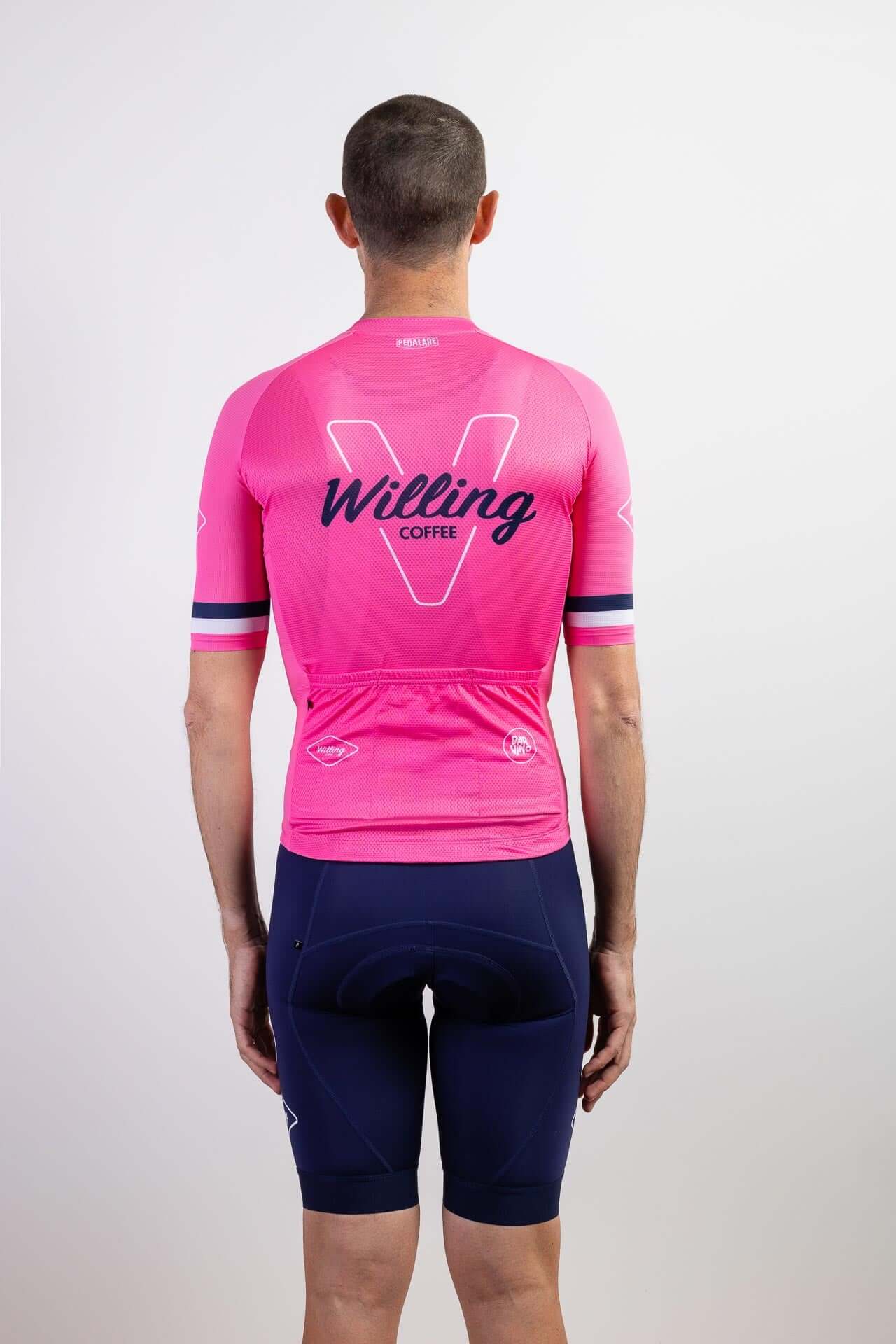 Men's Willing Coffee 5th Anniversary Pink Cycling Jersey - Celebrate in style with this high-performance fabric jersey. Stay comfortable and stylish on every ride! 